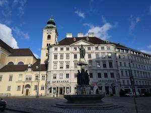 a large building with a clock tower and a statue at Central Vienna Apartment with unique 40m2 city garden & self check in in Vienna