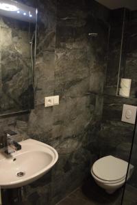 a bathroom with a sink and a toilet at Kudamm Apartments in Berlin