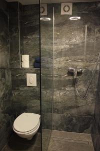 a bathroom with a toilet and a glass shower at Kudamm Apartments in Berlin