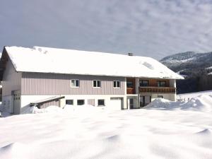 un bâtiment recouvert de neige avec beaucoup de neige dans l'établissement Ferienwohnung Bechter, à Hittisau