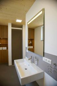 a bathroom with a white sink and a mirror at FrongaHOF in Waldkirchen