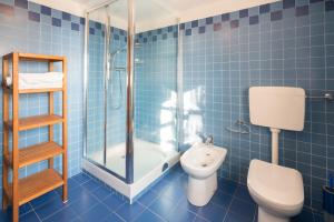 baño de azulejos azules con ducha y aseo en Rustico dei vini, en Domaso