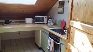 een kleine keuken met een fornuis en een magnetron bij Gemütliches Apartment in Hattingen