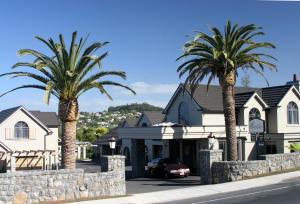 two palm trees in front of a house at Lodge Bordeaux in Whangarei