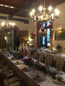 a dining room with a long table with chairs and a chandelier at Guest House Prenoćište Piccolina in Sombor