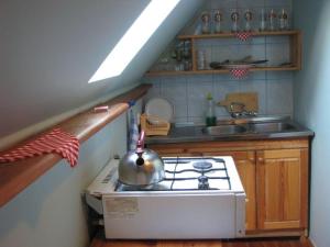 a kitchen with a stove with a tea kettle on it at U Ewy i Grzesia in Krzeszna