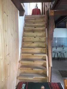 un conjunto de escaleras en una habitación con un hombre subiendo por ellas en Freecis en Esquel