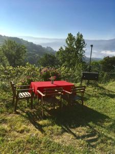 a table with a red table cloth on top of a field at Woodpecker Yurt in Santa Cruz do Douro