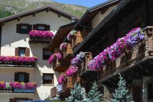 a building with lots of flowers on balconies at Chalet Li Mina in Livigno