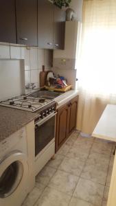 a kitchen with a stove and a washing machine at Apartment Valea Azugii in Azuga