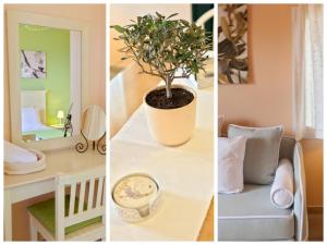 un collage de cuatro fotos de un baño con una planta en Elaia Boutique Apartments, en Gáios
