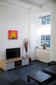 ein Wohnzimmer mit einem Flachbild-TV auf einem Tisch in der Unterkunft Quadenhof in Düsseldorf
