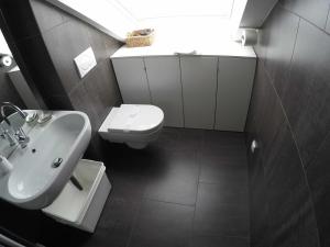La salle de bains est pourvue d'un lavabo et de toilettes. dans l'établissement Hvar attic modern design - town center with a great view, à Hvar