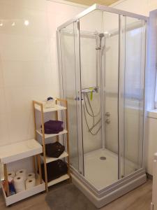 a shower with a glass enclosure in a bathroom at Lille Villa Severin in Mosterhamn +25 photos