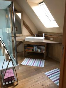a bathroom with a sink and a mirror at Trommelhoeve Farm Lofts in Boechout +28 photos