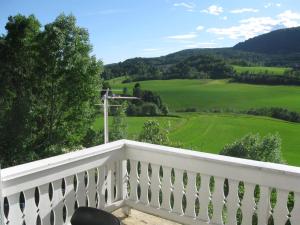 balcón con vistas a un campo verde en Sogn Lågensikt, en Svarstad