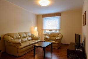 a living room with a couch and a chair at Villa Turris in Muszyna