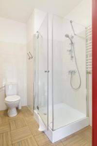a bathroom with a shower and a toilet at Rokitnica 37 in Niesulice +50 photos