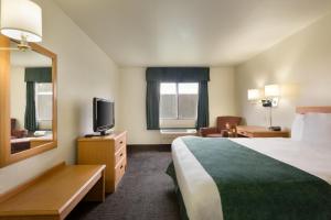 a hotel room with a bed and a mirror at Travelodge by Wyndham Alpine in Alpine