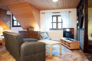 a living room with a couch and a tv at Ferienwohnungen Lithos in Oberwesel