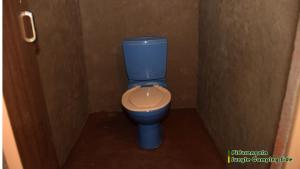 a bathroom with a blue toilet in a stall at Sigiri Jungle Camping in Sigiriya