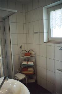 a bathroom with a sink and a shelf with towels at von Frieling in Soltau