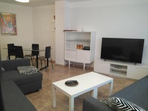 a living room with a couch and a tv and a table at Apartamento nuevo en Vilafamés in Vilafamés