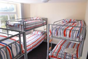 2 łóżka piętrowe w pokoju z oknem w obiekcie Newbrough Bunkhouse w mieście Hexham