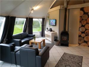 sala de estar con sofás y chimenea en Iglo Bungalow 17, en Chaam