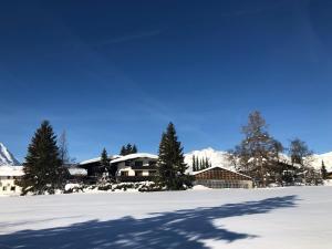 een sneeuwbedekte tuin met een huis en bomen bij Hotel Menthof in Seefeld in Tirol +31 foto's