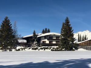 una casa en la nieve con árboles delante en Hotel Menthof, en Seefeld in Tirol