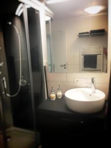 uma casa de banho com um lavatório e um chuveiro com um espelho. em Alpila Brand em Brand