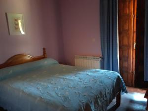 Un dormitorio con una cama con una manta azul. en Apartamentos La Ceña, en Novales