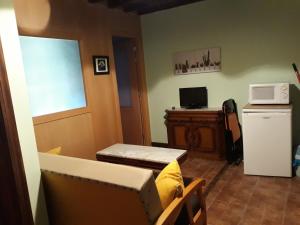 a living room with a couch and a microwave at Apartamentos La Ceña in Novales