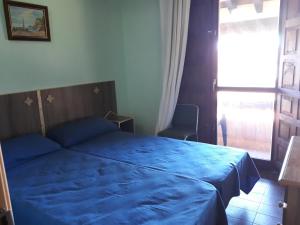 1 cama azul en un dormitorio con ventana en Apartamentos La Ceña, en Novales