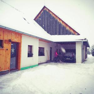 eine Person steht vor einem Haus im Schnee in der Unterkunft Vidiecky apartmán Kubo in Pavčina Lehota
