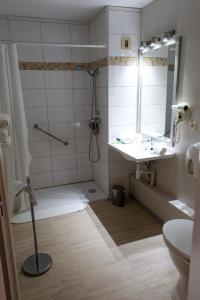 La salle de bains est pourvue d'une douche, d'un lavabo et d'un miroir. dans l'établissement Hôtel le Mas des Ponts d'Arles, à Arles