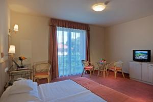 a hotel room with a bed and a table with chairs at Termálhotel Martfű in Martfů