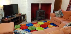 ein Wohnzimmer mit einem TV und einem farbenfrohen Teppich in der Unterkunft Stradbally cottages in Castlegregory