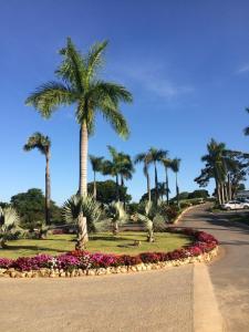 una strada con palme e fiori in un parco di Village Resort a Jaboticatubas