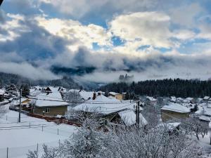 a village covered in snow with clouds in the sky at Dom na Bravacove in Beňuš