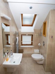 a bathroom with a sink and a toilet and a skylight at Regent Penthouse in Harrogate