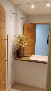 a bathroom with a window and a potted plant on a shelf at Loft Lindo no Centro in Marabá