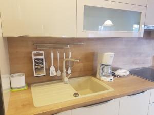 a kitchen counter with a sink with a mixer and utensils at Apartment Lavanda garden in Rab