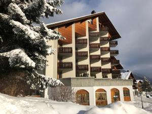 een groot gebouw in de sneeuw met sneeuw bedekte bomen bij Catrina Hotel in Disentis