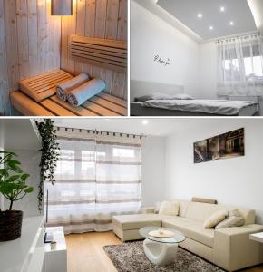 uma sala de estar com um sofá e uma cama em Sauna - Flexible SelfCheckIns 6 - Zagreb - Garage - Electric vehicle ccharger - Loggia - New - Luxury - Apartments Repinc 6 em Zagreb