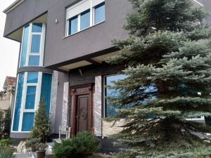 a house with a pine tree in front of it at Garni Hotel Lama in Kragujevac