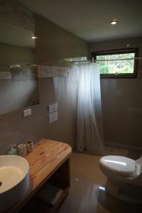 a bathroom with a sink and a toilet and a shower at Ecoreserva Quelhue Lodge y Cabañas in Pucón