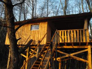 una cabaña en el bosque con escaleras que conducen a ella en Cabane des cerfs en Allons