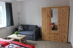 sala de estar con sofá azul y armario de madera en Apartment Dream en Františkovy Lázně